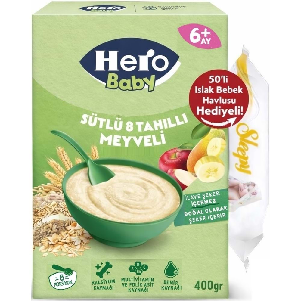 Hero Baby Kaşık Maması 400GR Sütlü 8 Tahıllı Meyveli + Islak Mendil Hediye (4 Lü Set)
