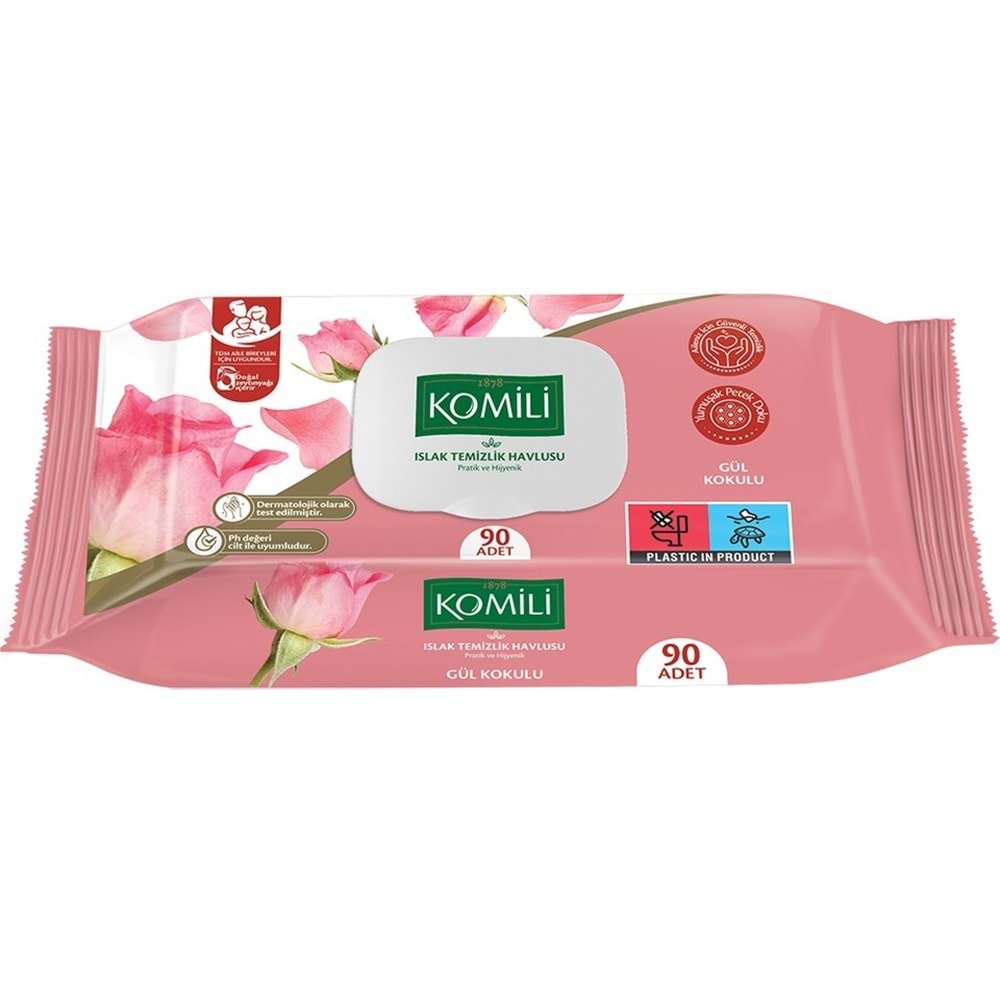 Komili Islak Havlu Mendil 90 Yaprak Gül Kokulu (3 Lü Set) Pratik Kapaklı (270 Yaprak)