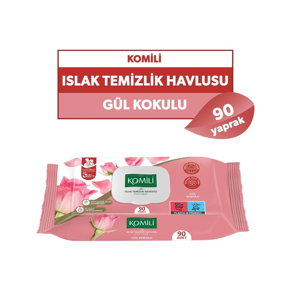 Komili Islak Havlu Mendil 90 Yaprak Gül Kokulu (3 Lü Set) Pratik Kapaklı (270 Yaprak)
