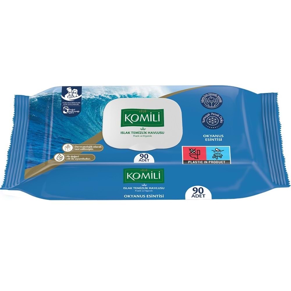 Komili Islak Havlu Mendil 90 Yaprak Okyanus Esintisi (12 Li Set) Pratik Kapaklı (1080 Yaprak)
