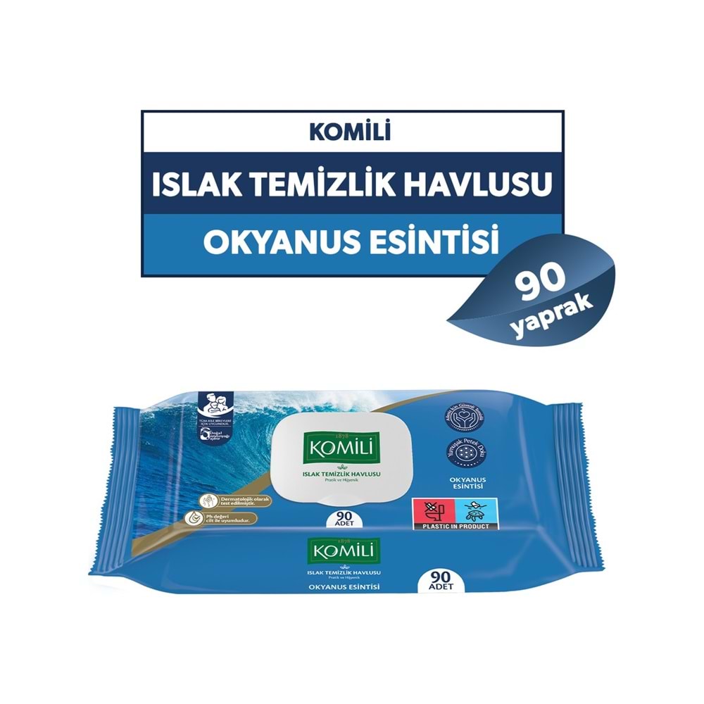 Komili Islak Havlu Mendil 90 Yaprak Okyanus Esintisi (12 Li Set) Pratik Kapaklı (1080 Yaprak)