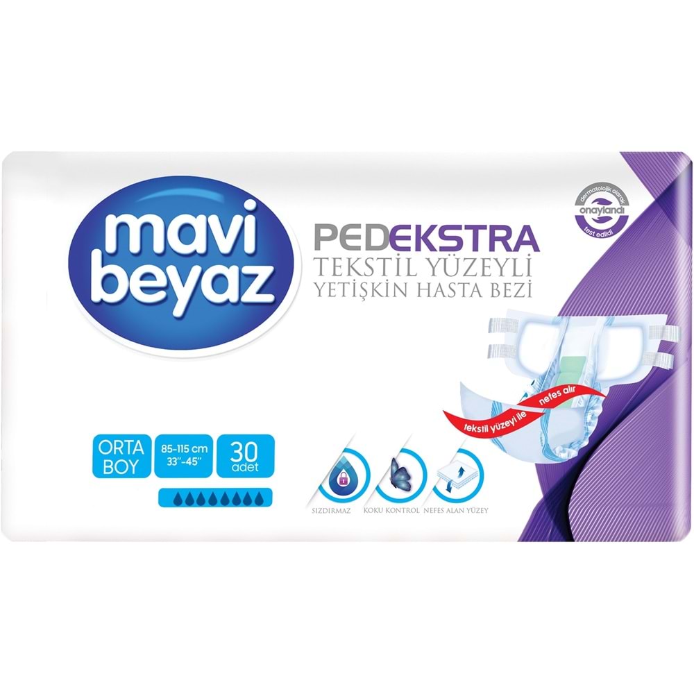 Mavi Beyaz Ped Ekstra Tekstil Yüzeyli Bel Bantlı Yetişkin Bezi M - Medium - Orta 60 Adet