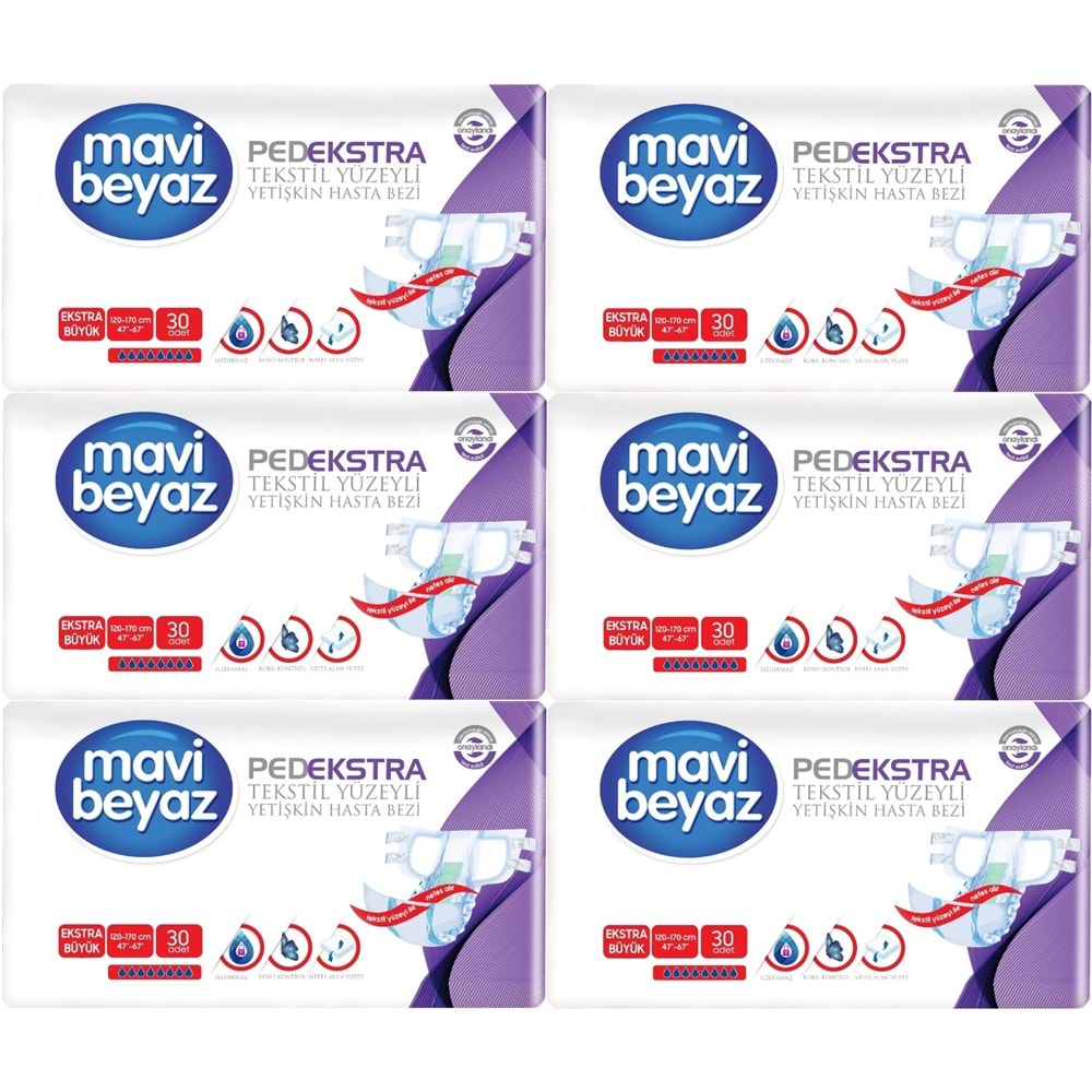 Mavi Beyaz Ped Ekstra Tekstil Yüzeyli Bel Bantlı Yetişkin Bezi XL -Extra Large -Ekstra Büyük 180 Adt