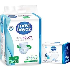 Mavi Beyaz Ped Emici Külot Hasta Bezi M - Medium Orta 30 Adet + Yatak Koruyucu Örtü 60*90CM 30 Adet