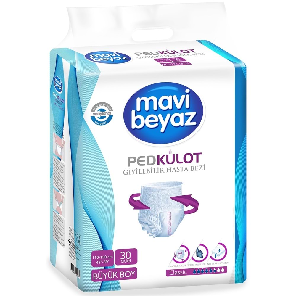 Mavi Beyaz Ped Emici Külot Hasta Bezi L 30 Adet + Yatak Koruyucu 30 Adet + Temizleme Havlusu 1 Pk
