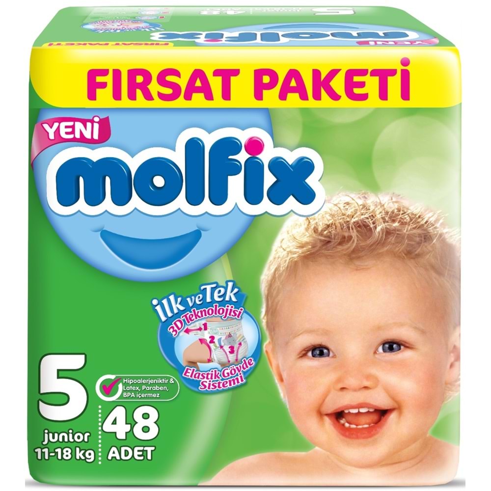 Molfix Bebek Bezi 5 Beden 11-18 KG Junior 144 Adet Aylık Fırsat Pk + 9 Adet Islak Havlu