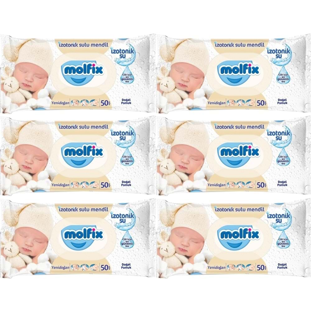 Molfix Islak Havlu Mendil İzotonik Yeni Doğan 6 Lı Set 50 Yaprak Pamuklu Plastik Kapaklı