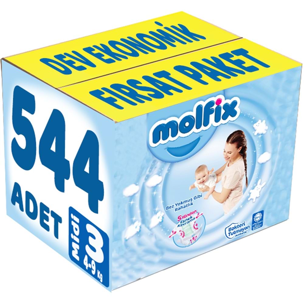 Molfix Bebek Bezi Beden:3 (4-9Kg) Midi 544 Adet Dev Ekonomik Fırsat Pk