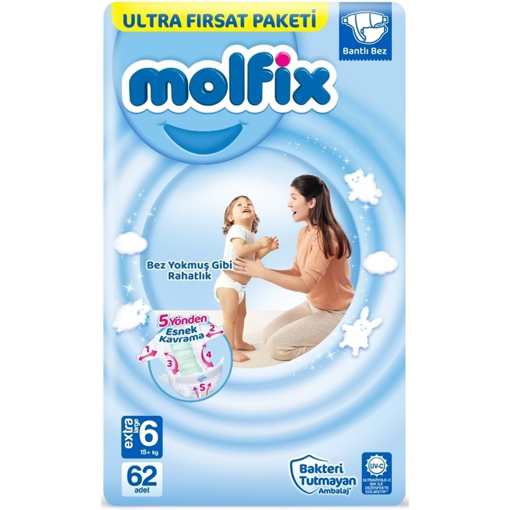 Molfix Bebek Bezi 6 Beden 15+ KG Extra Large 62 Adet Ultra Fırsat Pk+3 Adet Islak Mendil