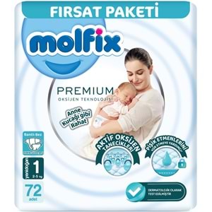 Molfix Premium Bebek Bezi Beden:1 (2-5KG) Yeni Doğan 72 Adet Fırsat Pk + 3 Adet Islak Mendil
