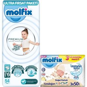 Molfix Premium Bebek Bezi 6 Beden 15+ KG Extra Large 54 Adet Ultra Fırsat Pk + 3 Adet Islak Mendil