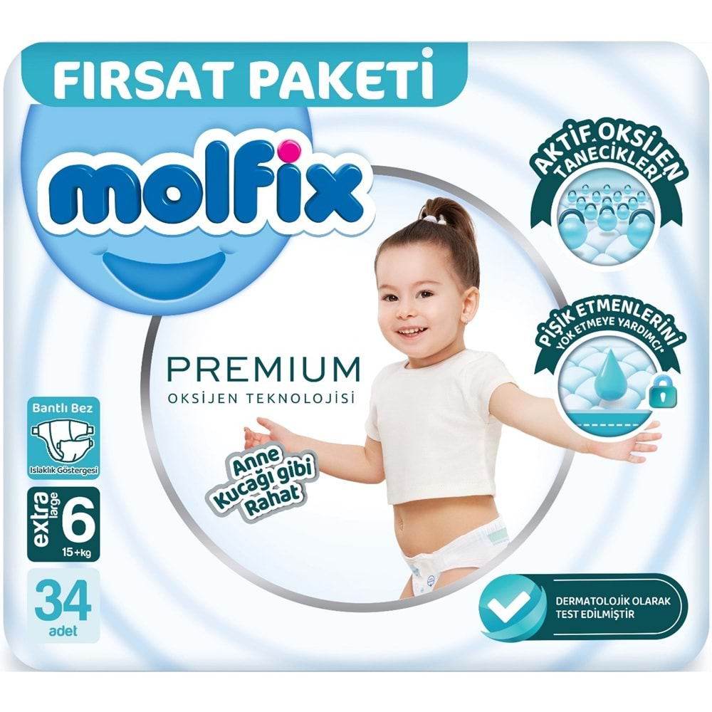 Molfix Premium Bebek Bezi 6 Beden 15+ KG Extra Large 68 Adet Fırsat Pk + 3 Adet Islak Mendil
