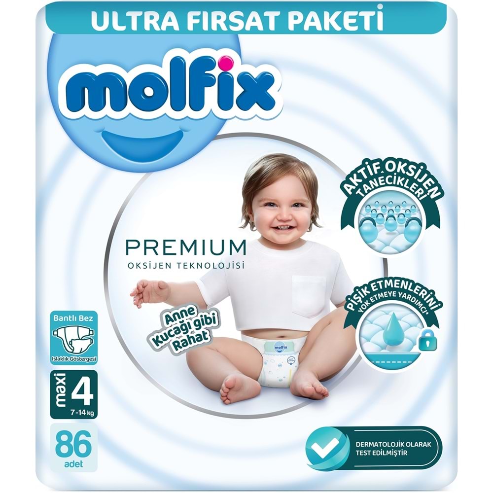 Molfix Premium Bebek Bezi Beden:4 (7-14KG) Maxi 86 Adet Ultra Fırsat Pk + 3 Adet Islak Mendil