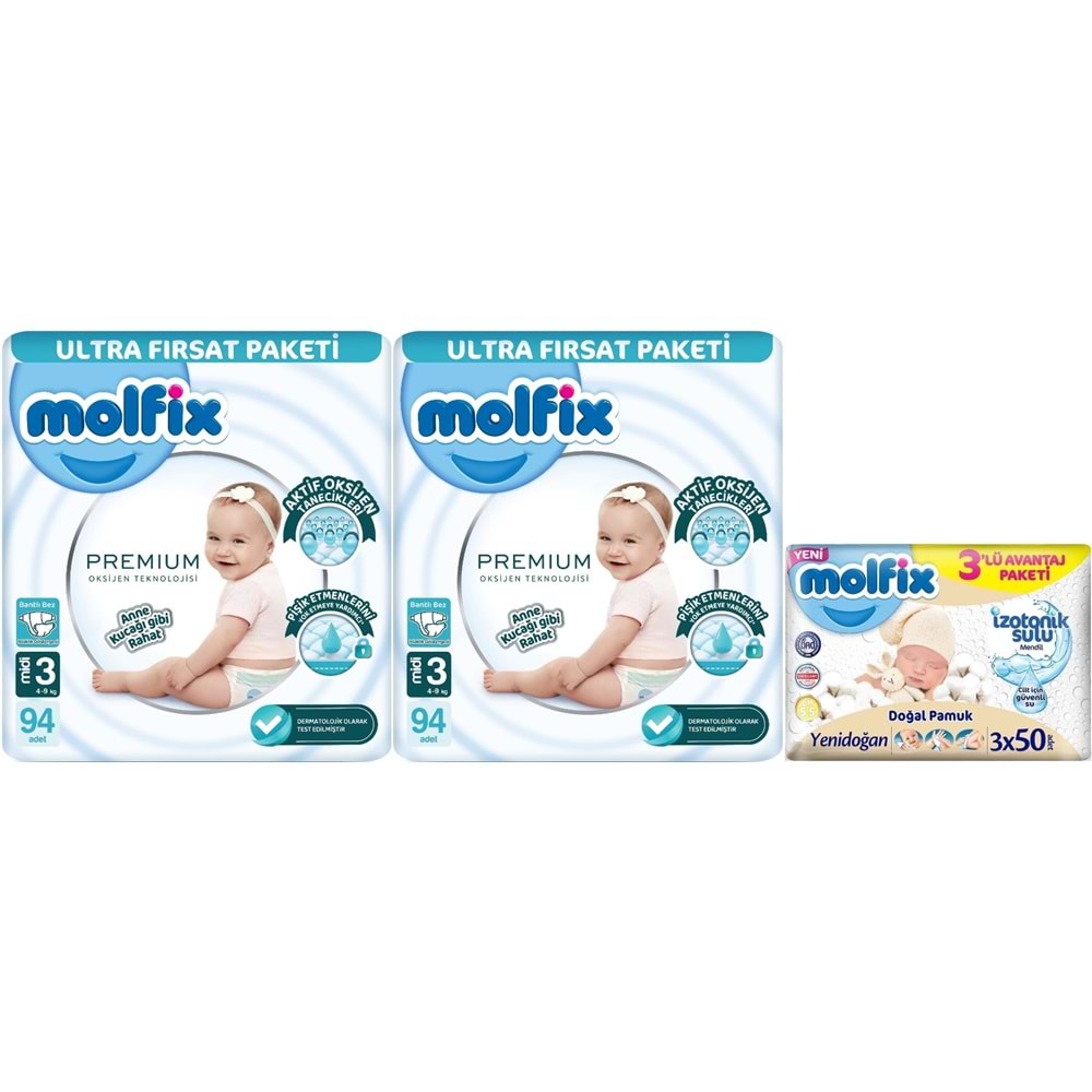 Molfix Premium Bebek Bezi Beden:3 (4-9KG) Midi 188 Adet Ultra Fırsat Pk + 3 Adet Islak Mendil