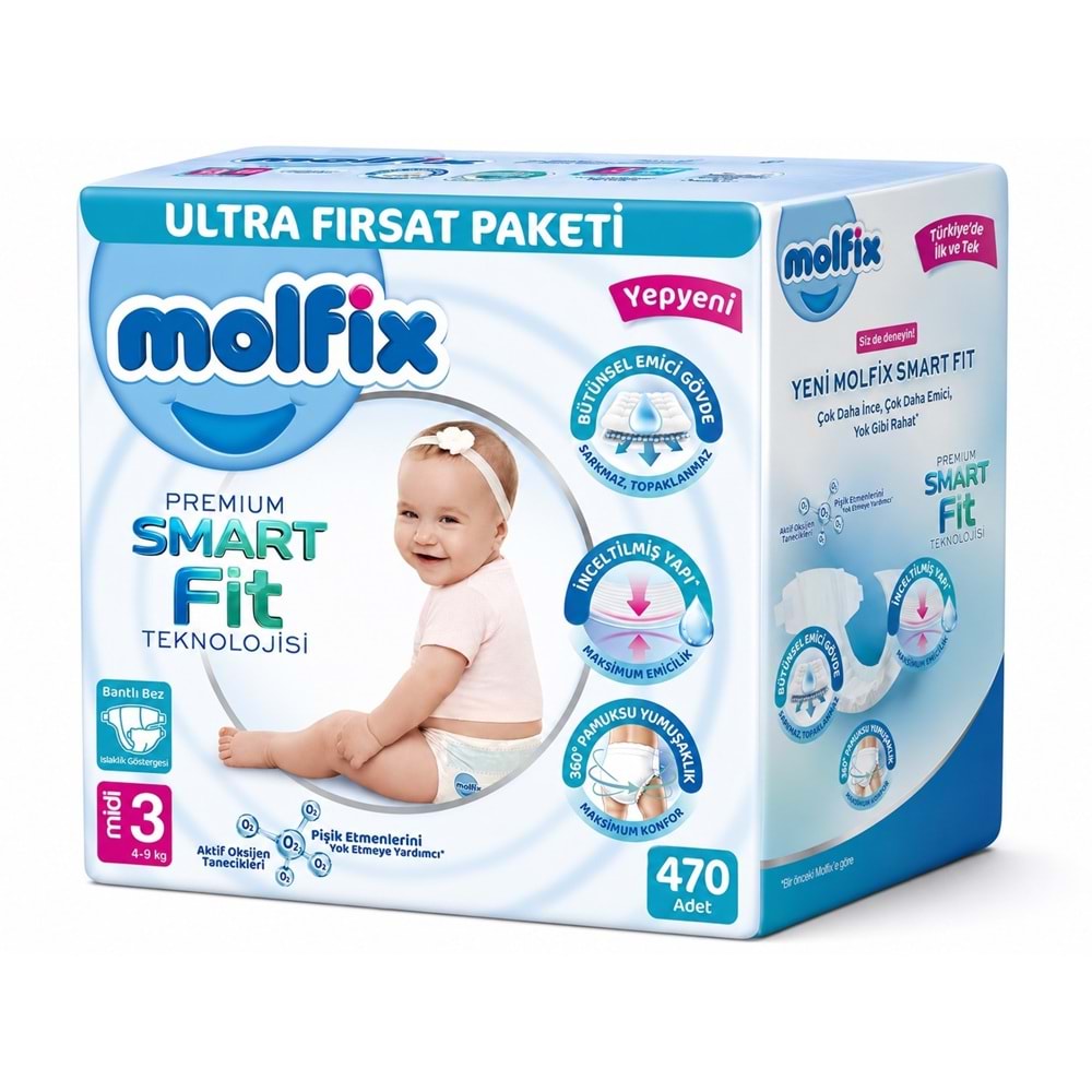 Molfix Premium Smart Fit Bebek Bezi 3 Beden 4-9 KG Midi 470 Adet Mega Ultra Fırsat Pk