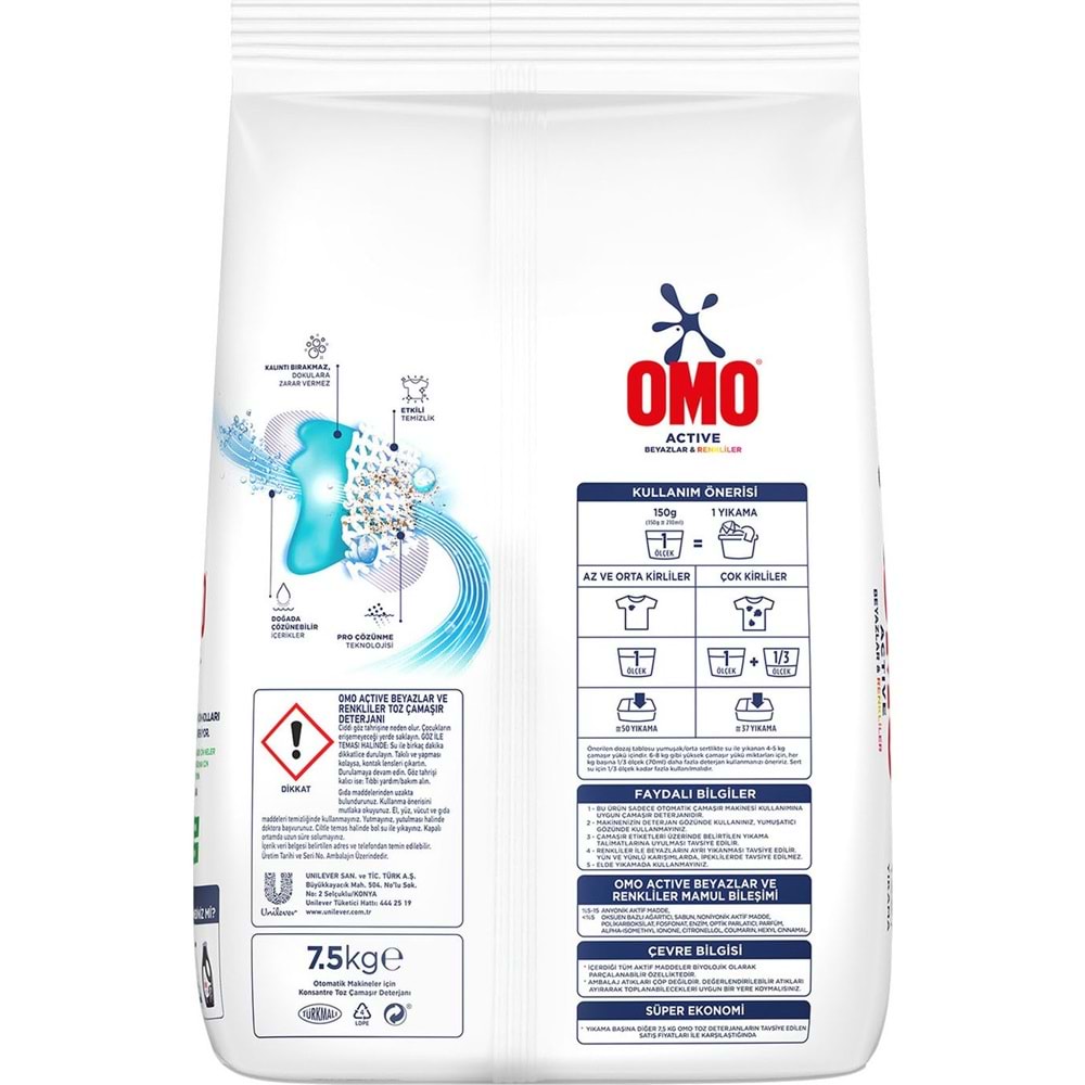 Omo Matik Çamaşır Deterjanı 22.5KG Beyaz ve Color/Renkliler (150 Yıkama) (3PK*7.5KG)