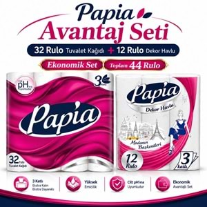 Papia Tuvalet Kağıdı (3 Katlı) 32 Li Pk + 12 Li Paket Kağıt Havlu Decor Desenli (3 Katlı)