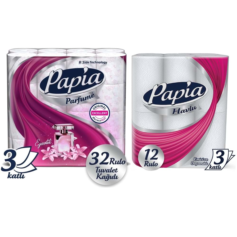 Papia Tuvalet Kağıdı (3 Katlı) 32 Li Pk Egzotik Parfümlü + 12 Li Paket Kağıt Havlu Klasik (3 Katlı)