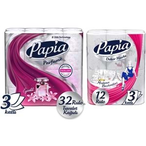 Papia Tuvalet Kağıdı (3 Katlı) 32 Li Pk Egzotik Parfümlü + 12 Li Paket Kağıt Havlu Decor Desenli