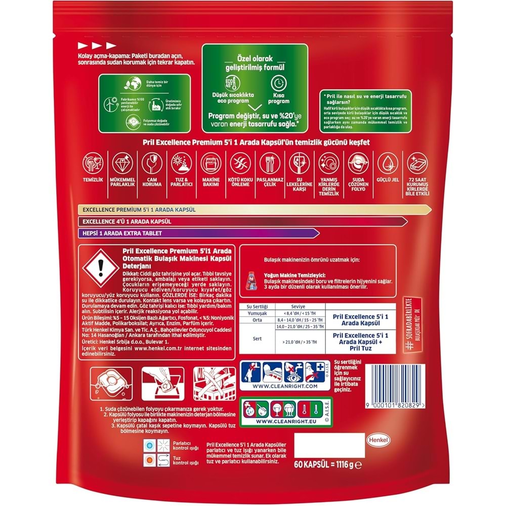 Pril Bulaşık Makinesi Deterjanı Kapsül Tablet Excellence Premium 5 i 1 Arada 540 Adet (9PK*60)