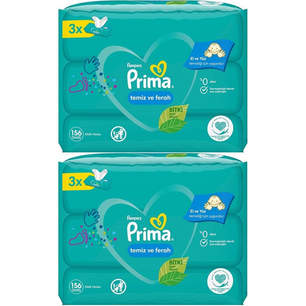 Prima Islak Havlu Mendil Temiz ve Ferah (Bitki Bazlı) 6 Lı Set (2PK*3) 312 Yaprak