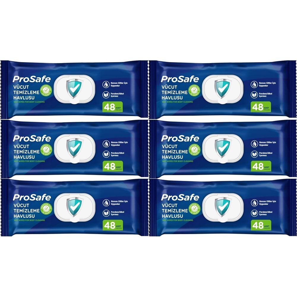 Prosafe Yetişkin Vücut Temizleme Islak Mendil Havlu 48 Yaprak XL (6 Lı Set) Plastik Kapak