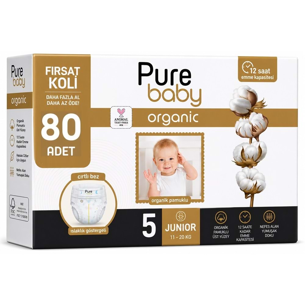 Pure Baby Organik Bebek Bezi 5 Beden 11-20 KG Junior 80 Adet Ekonomik Fırsat Pk