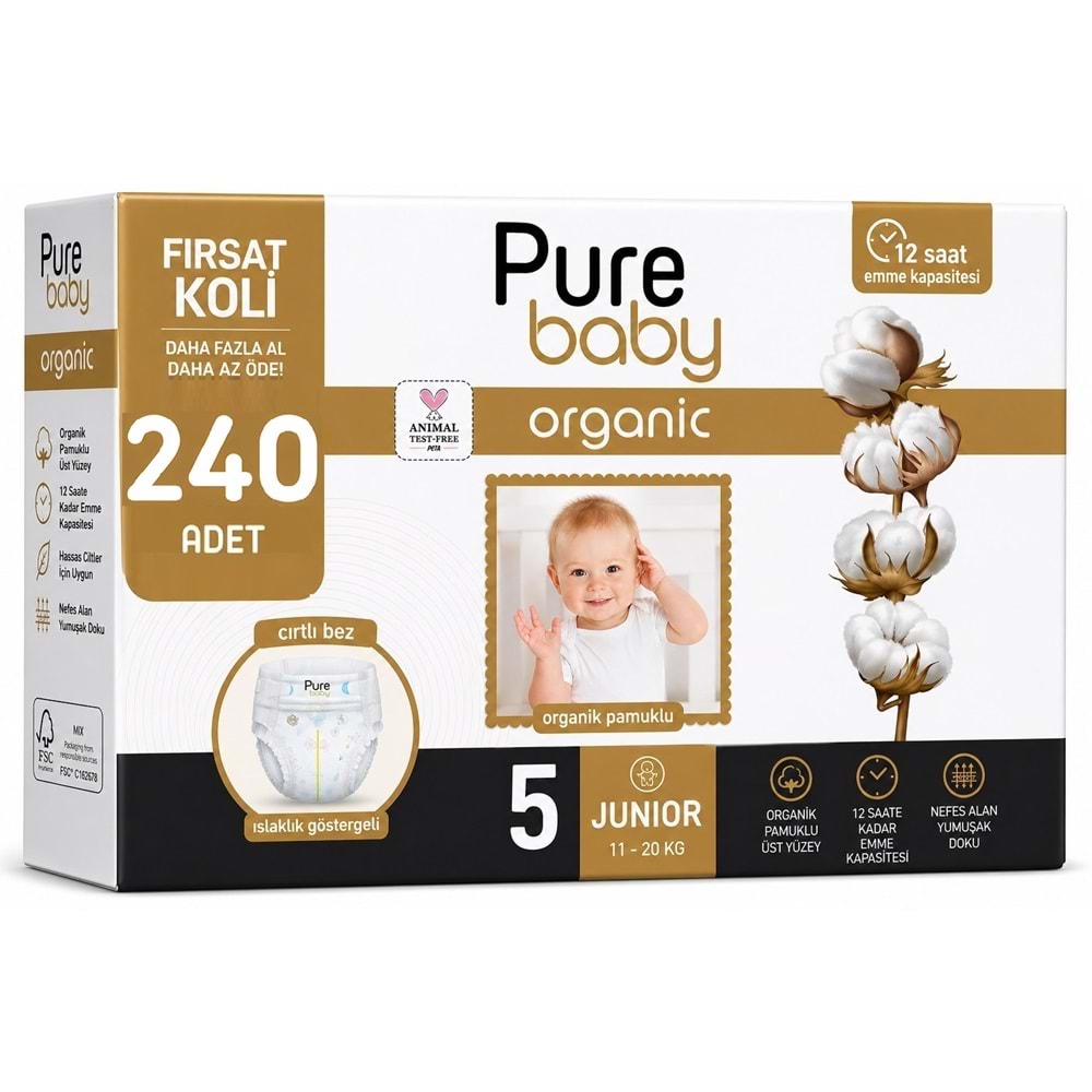 Pure Baby Organik Bebek Bezi 5 Beden 11-20 KG Junior 240 Adet Ekstra Fırsat Pk