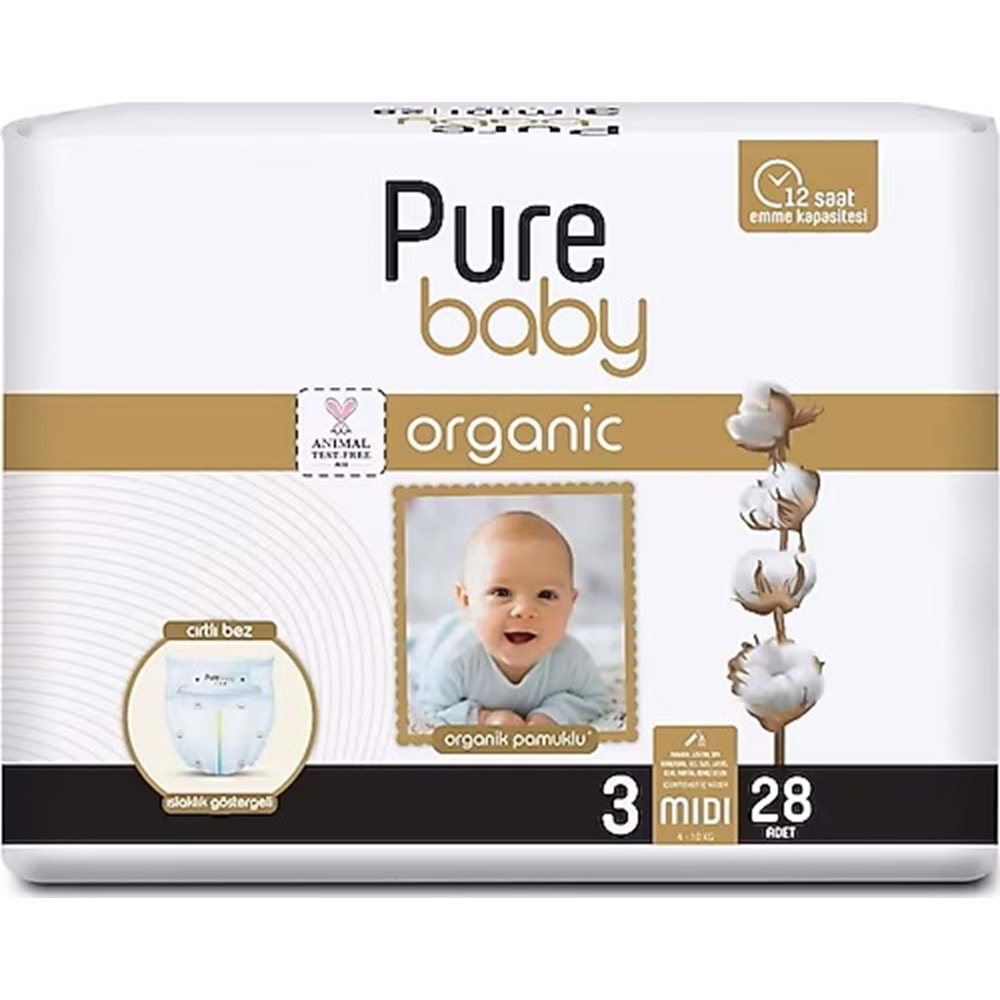 Pure Baby Organik Bebek Bezi 3 Beden 4-10 KG Midi 168 Adet Ekstra Fırsat Pk