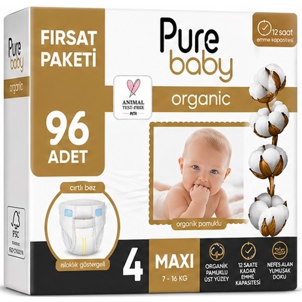 Pure Baby Organik Bebek Bezi 4 Beden 7-16 KG Maxi 96 Adet Ekonomik Fırsat Pk