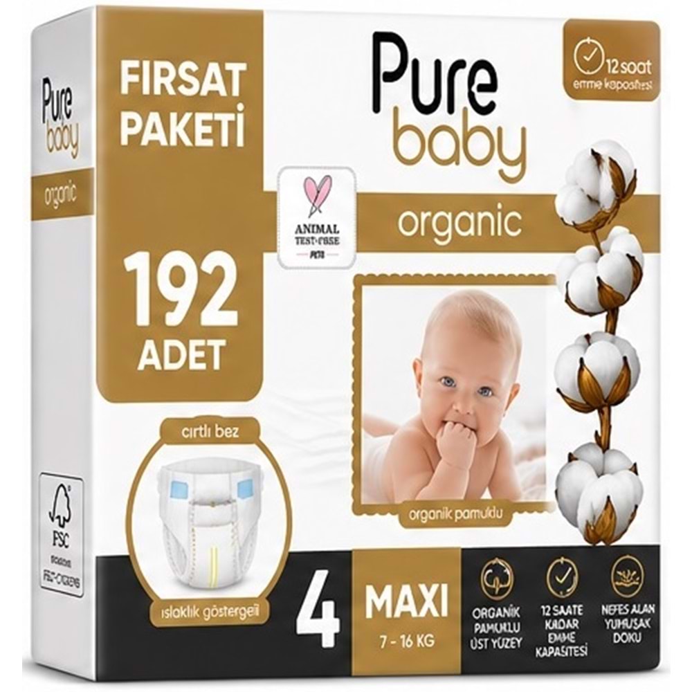 Pure Baby Organik Bebek Bezi 4 Beden 7-16 KG Maxi 192 Adet Avantaj Fırsat Pk