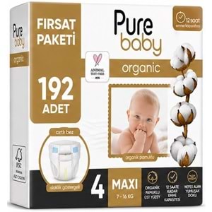 Pure Baby Organik Bebek Bezi 4 Beden 7-16 KG Maxi 192 Adet Avantaj Fırsat Pk