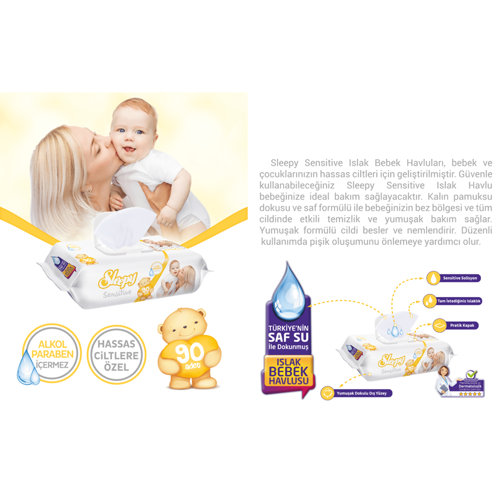 Sleepy Islak Havlu Mendil 90 Yaprak Sensitive 30 Lu Set Plastik Kapaklı