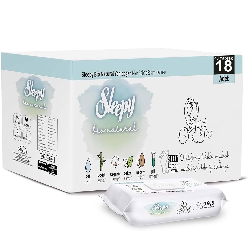 Sleepy Islak Havlu Mendil Bio Natural 40 Yaprak Yeni Doğan (18 Li Set) Plastik Kapaklı 720 Yaprak