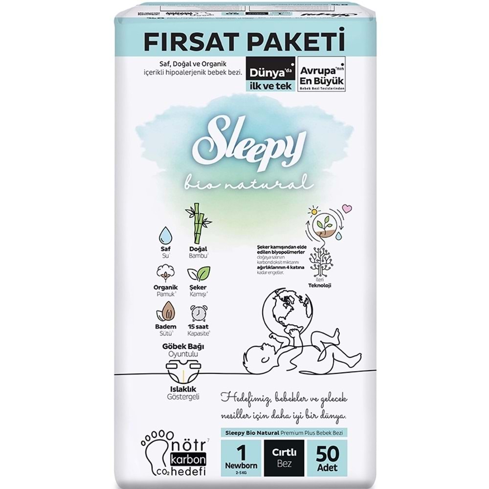 Sleepy Bebek Bezi Bio Natural Beden:1 (2-5KG) Yeni Doğan Newborn 150 Adet Aylık Fırsat Pk