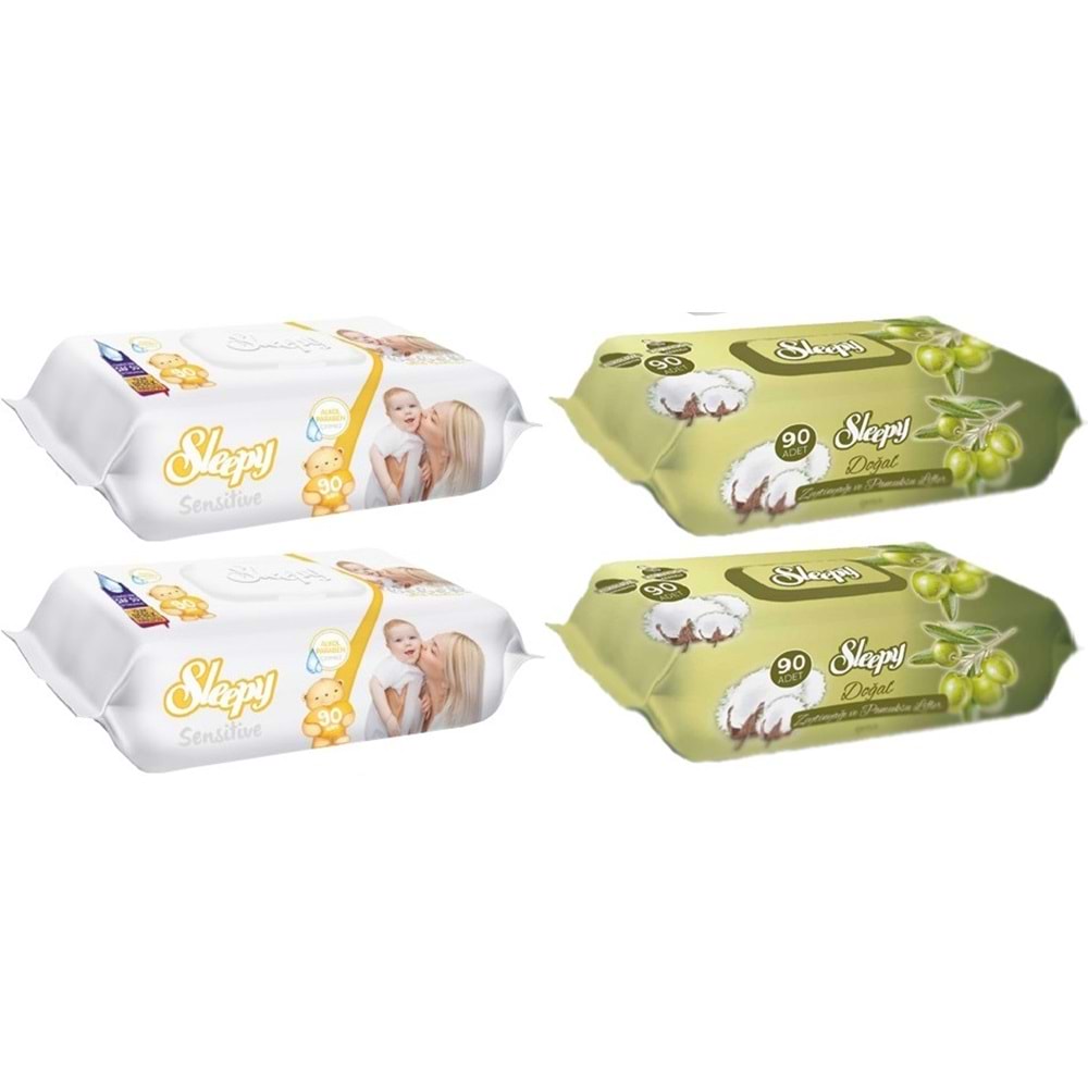 Sleepy Islak Havlu Mendil 90 Yaprak Karma (4 Lü Set) Sensitive & Pamuk-Zeytinyağlı 360 Yaprak