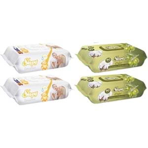 Sleepy Islak Havlu Mendil 90 Yaprak Karma (4 Lü Set) Sensitive & Pamuk-Zeytinyağlı 360 Yaprak