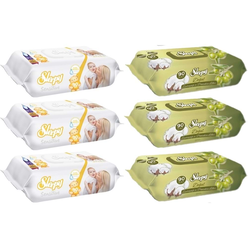 Sleepy Islak Havlu Mendil 90 Yaprak Karma (6 Lı Set) Sensitive & Pamuk-Zeytinyağlı 540 Yaprak