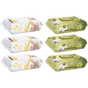 Sleepy Islak Havlu Mendil 90 Yaprak Karma (6 Lı Set) Sensitive & Pamuk-Zeytinyağlı 540 Yaprak