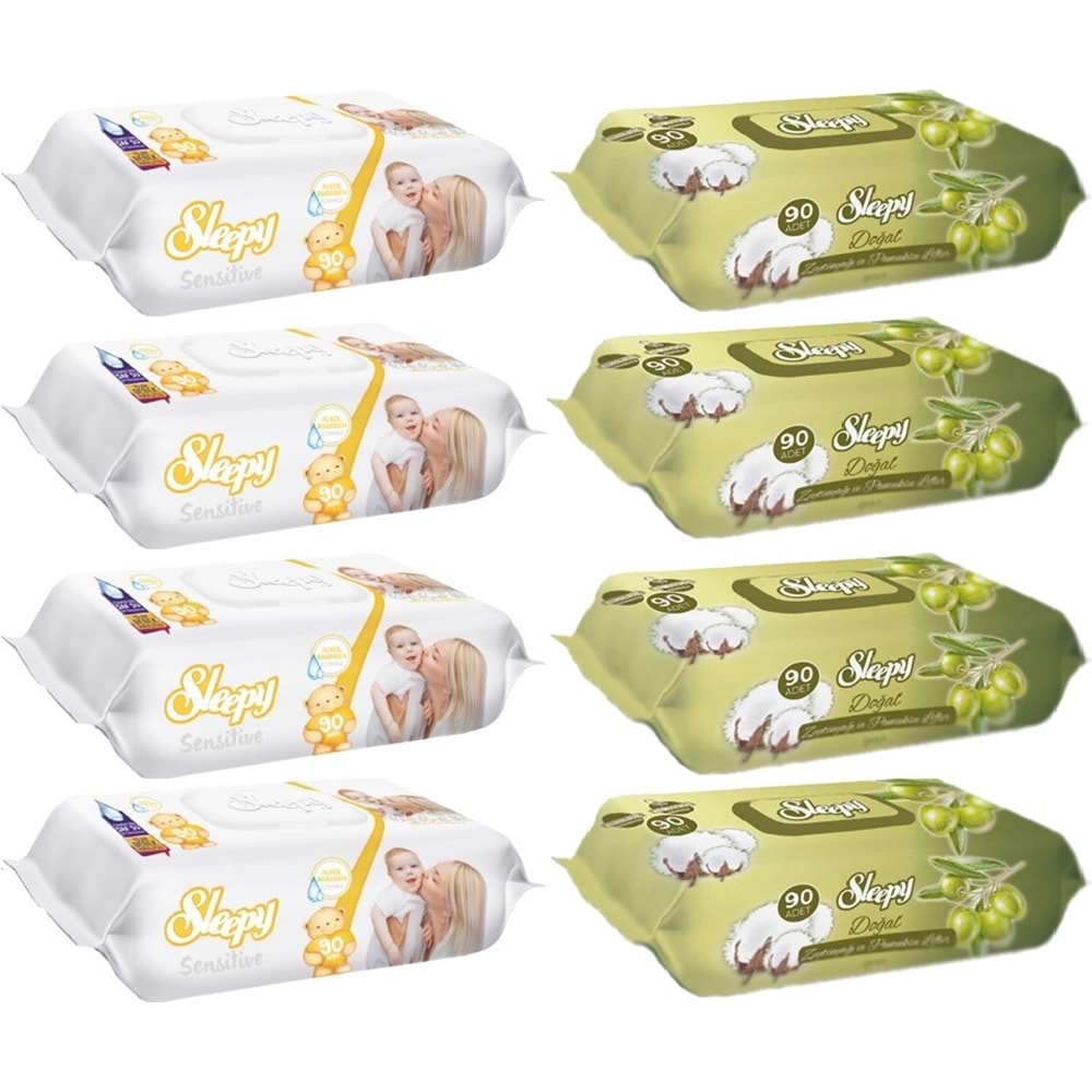 Sleepy Islak Havlu Mendil 90 Yaprak Karma (8 Li Set) Sensitive & Pamuk-Zeytinyağlı 720 Yaprak