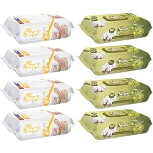 Sleepy Islak Havlu Mendil 90 Yaprak Karma (8 Li Set) Sensitive & Pamuk-Zeytinyağlı 720 Yaprak