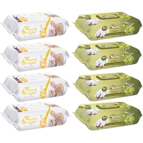 Sleepy Islak Havlu Mendil 90 Yaprak Karma (8 Li Set) Sensitive & Pamuk-Zeytinyağlı 720 Yaprak