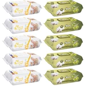 Sleepy Islak Havlu Mendil 90 Yaprak Karma (10 Lu Set) Sensitive & Pamuk-Zeytinyağlı 900 Yaprak