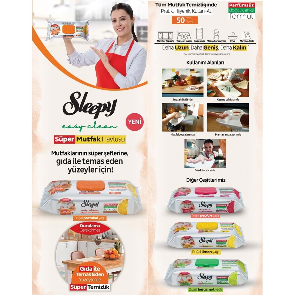 Sleepy Easy Clean Yüzey Temizlik Mutfak Havlusu -Mendili 50 Yaprak Portakal Yağlı (2Li Set) 100Yprk