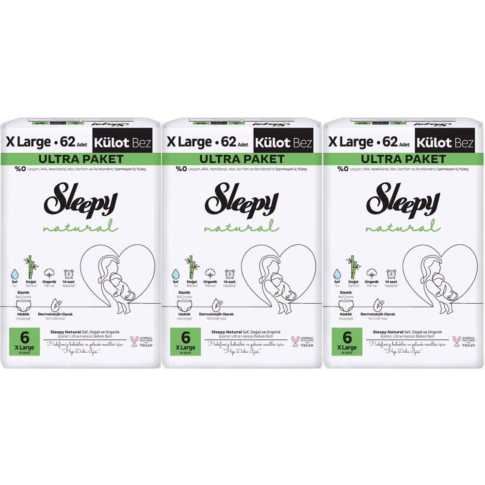 Sleepy Külot Bebek Bezi Natural Beden:6 (15-25KG) Extra Large 186 Adet Aylık Ultra Pk