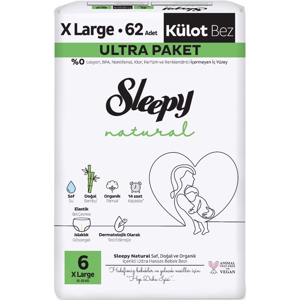 Sleepy Külot Bebek Bezi Natural Beden:6 (15-25KG) Extra Large 186 Adet Aylık Ultra Pk