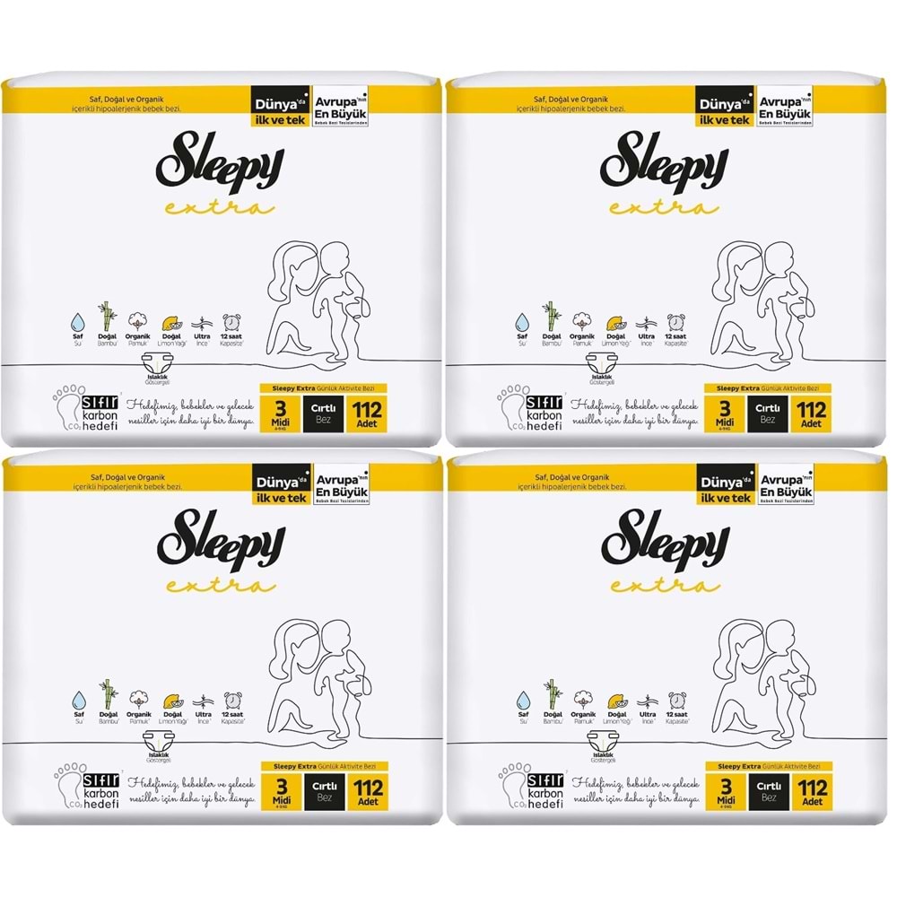 Sleepy Bebek Bezi Extra Beden:3 (4-10KG) Midi 448 Adet Aylık Ultra Pk (4PK*112)