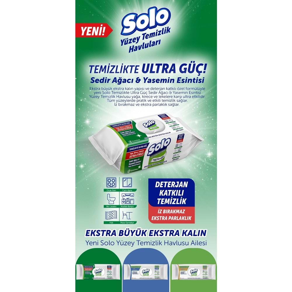 Solo Yüzey Temizlik Havlusu - Mendili 100 Yaprak Sedir Ağacı & Yasemin Esintisi (4 Lü Set) 400 Yprk