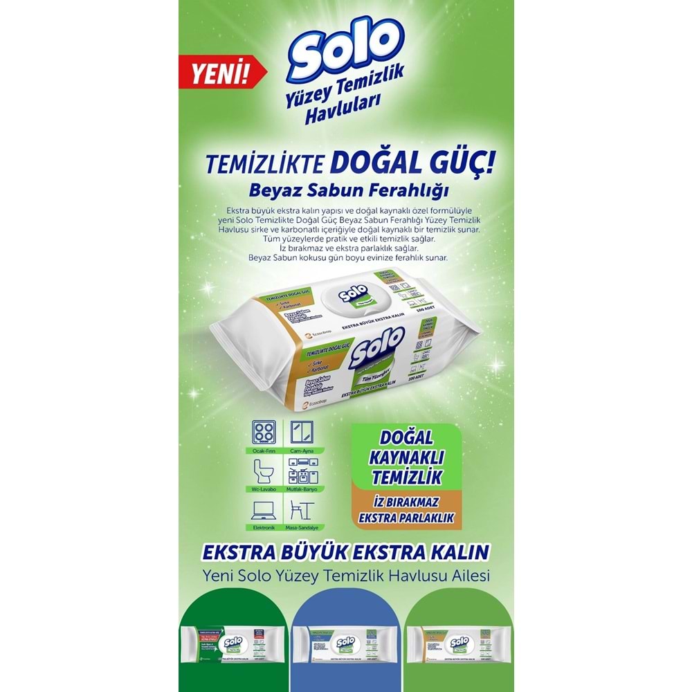 Solo Yüzey Temizlik Havlusu - Mendili 100 Yaprak Beyaz Sabun Ferahlığı (5 Li Set) 500 Yaprak