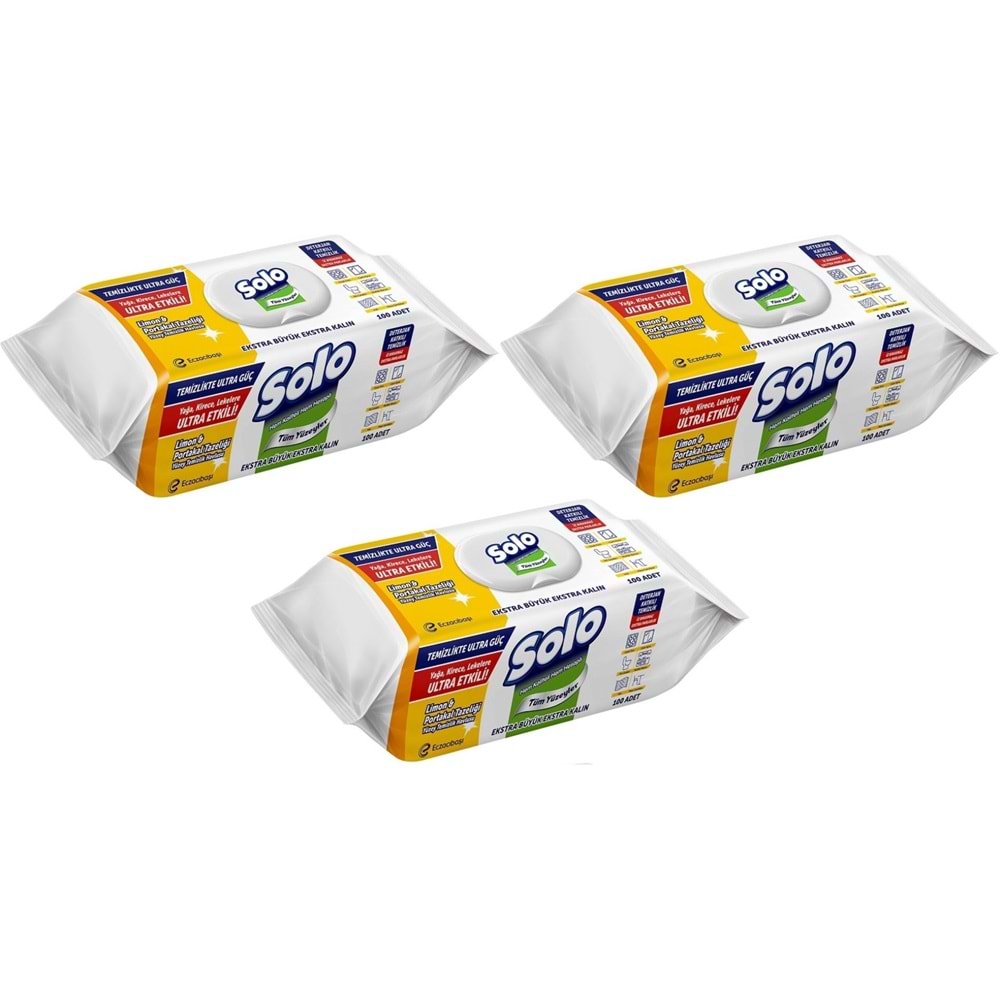 Solo Yüzey Temizlik Havlusu - Mendili 100 Yaprak Limon & Portakal Tazeliği (3 Lü Set) 300 Yaprak